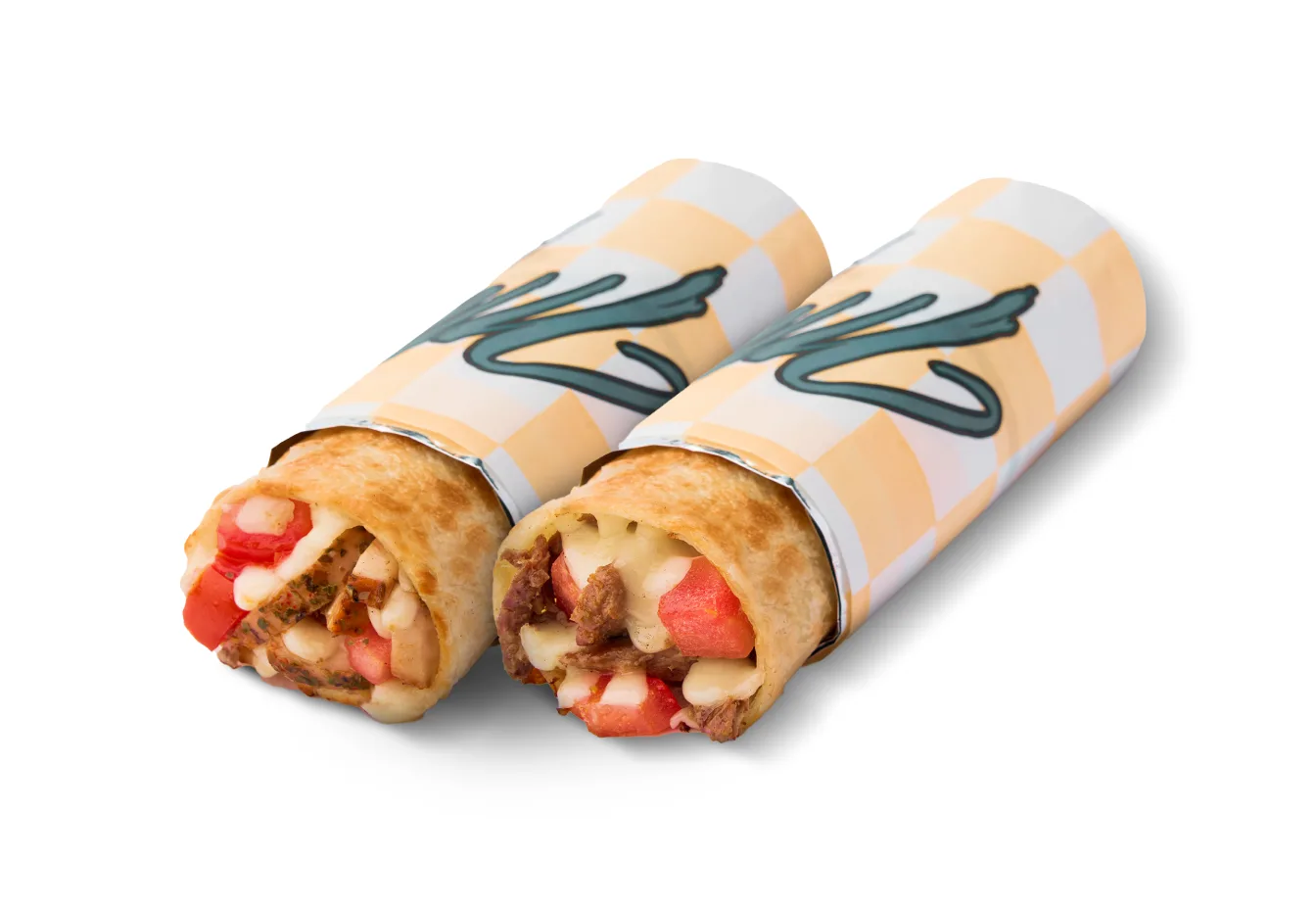 Two Monster lavash wraps in checkered paper from Sariq Bola Pizza